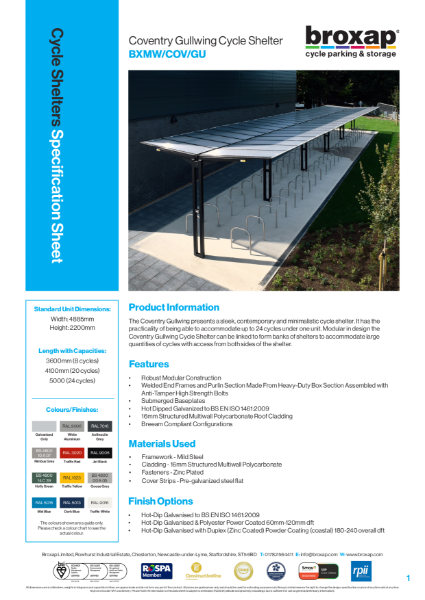 Coventry Gullwing Cycle Shelter Specification Sheet