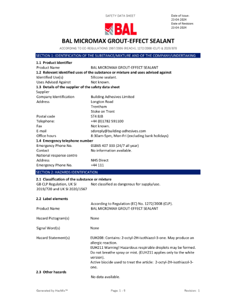 EU Safety Data Sheet - BAL Micromax Grout-Effect Sealant