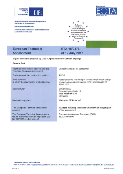 ETA - 15/0476 - Fastener for the rear fixing of façade panels made of high pressure decorative laminates (HPL). 