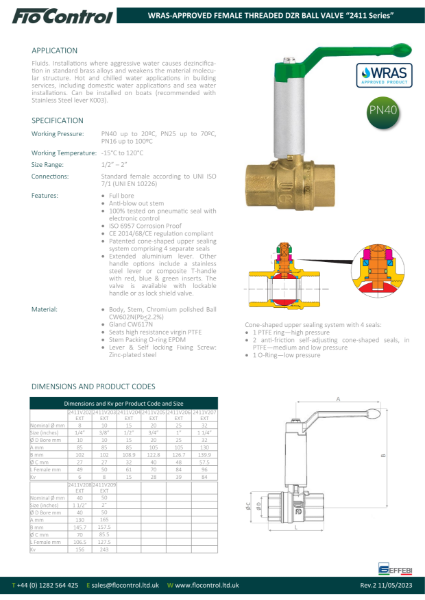 WRAS-approved 2411V Ball Valve Threaded (Extended Lever)