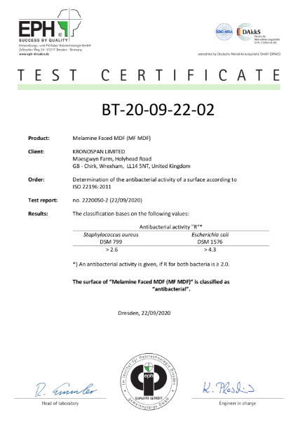 Anti-bacterial Certificate - MF MDF