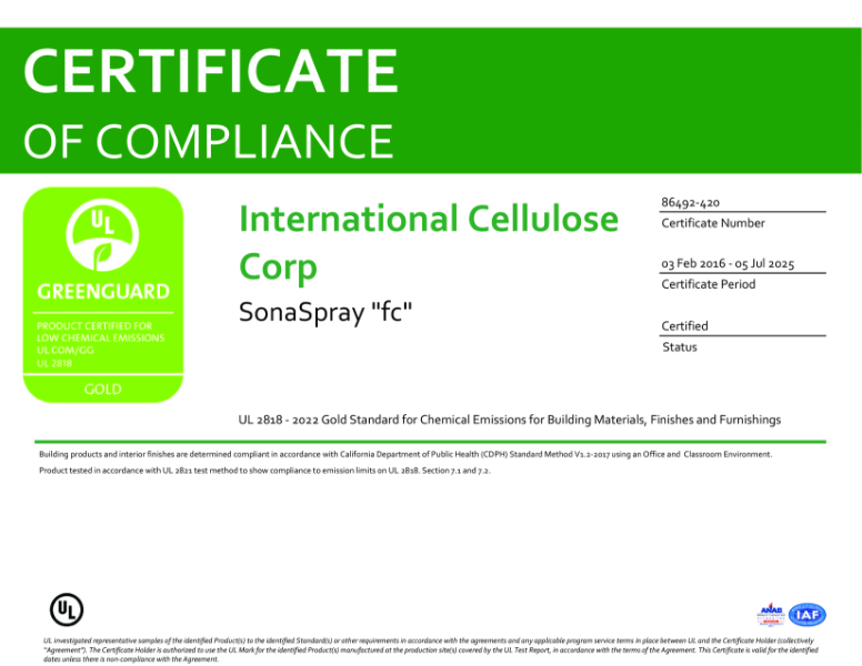 SonaSpray fc acoustic spray GREENGUARD Gold Certification