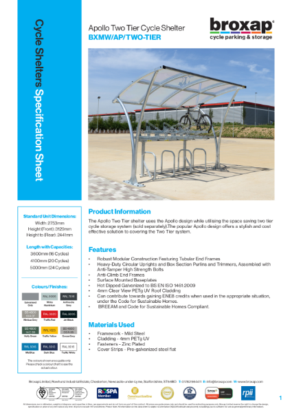 Apollo Two-Tier Cycle Shelter Specification Sheet
