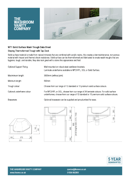 Solid Surface Sloping Wash Trough with Tap Deck Datasheet - WT1