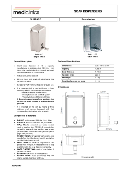 Soap Dispenser Spec Sheet - Mediclinics Vertical Surface Mounted Push-Button Liquid Soap Dispenser DJ0111C_CS