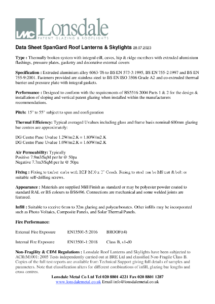 SpanGard Roof Lanterns & Skylights - Product Data Sheet