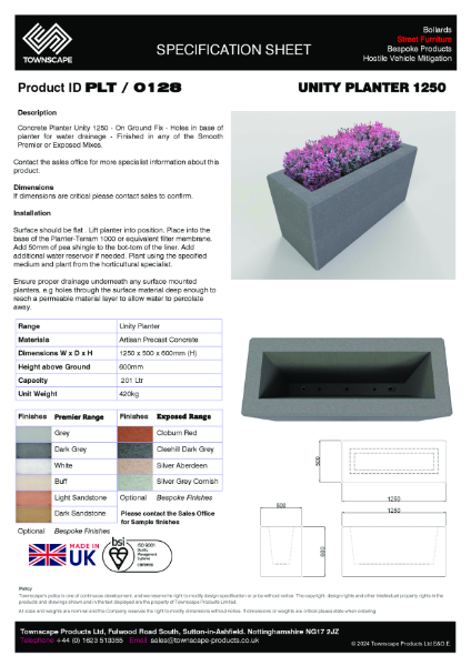 Unity 1250 Concrete Planter Specification Sheet PLT-0128