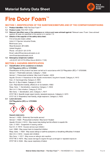 FAS Fire Door Foam Material Safety Data Sheet