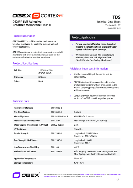 OBEX CORTEX 0521FR Class B Self-Adhesive Breather Membrane - W1 - TDS