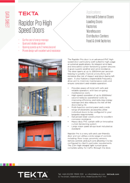Rapidor Pro Speed Door Tekta Data Sheet