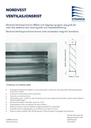 Nordvest Ventilasjonsrist produktark
