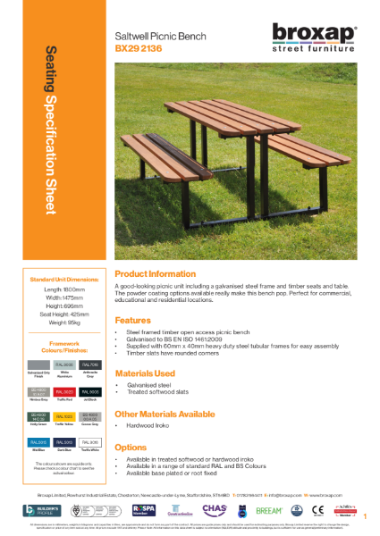 Saltwell Picnic Bench Specification Sheet