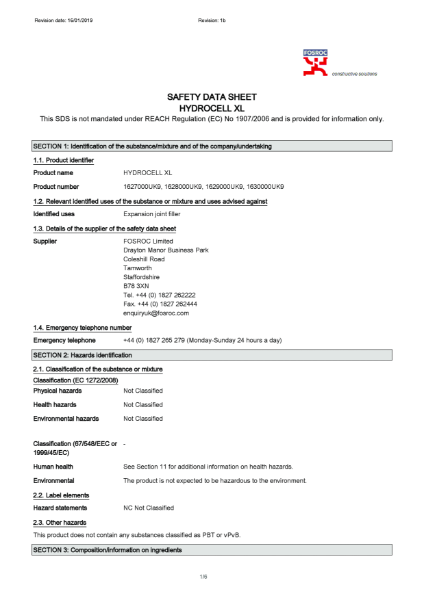 Hydrocell XL Safety Datasheet