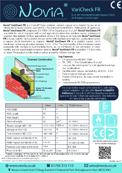 Novia VariCheck FR Class B-s1,d0 Fire rated Variable Vapour Check Air & Vapour Control Layer Datasheet
