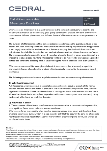 Cedral Roofs - Efflorescence Data Sheet