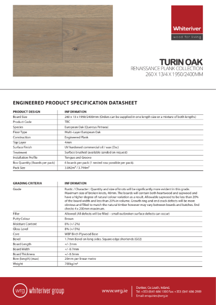 260 x 13 x 1950 & 2400mm Renaissance Oak Turin Plank Spec Sheet