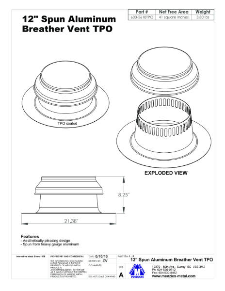 TECHNICAL DRAWING - 12" SPUN ALUMINUM BREATHER VENT TPO