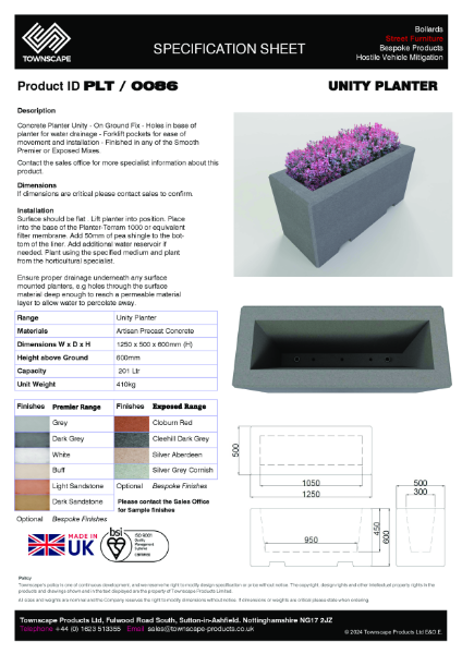 Unity 1250 Concrete Planter with Fork pockets Specification Sheet PLT-0086