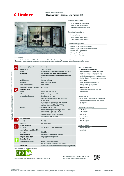 Lindner Life Freeze 137 - Data sheet