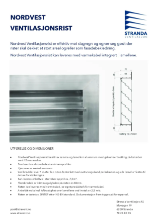 Nordvest Ventilasjonsrist Produktark