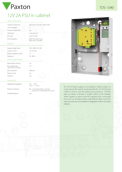 Net2 Plus 12V 2A PSU, Metal Cabinet - data sheet 2/2