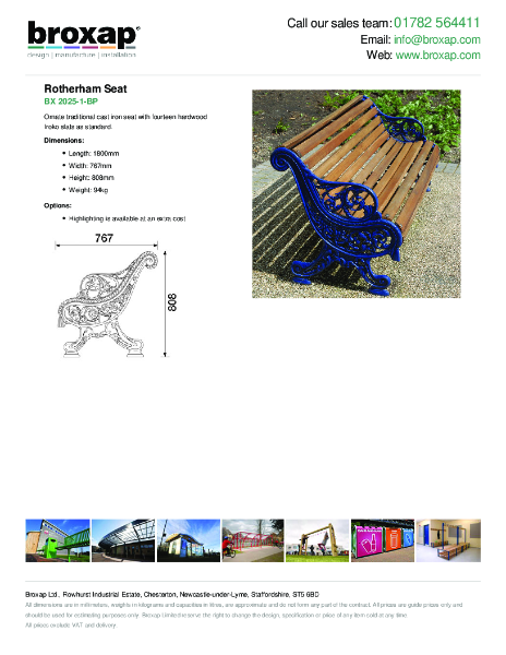 Rotherham Seat Specification Sheet