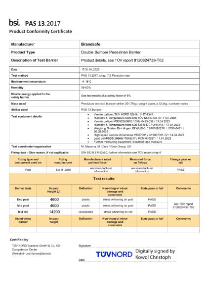 Pedestrian Barrier (Double Bumper) - PAS 13 Compliance Certificate - TÜV NORD