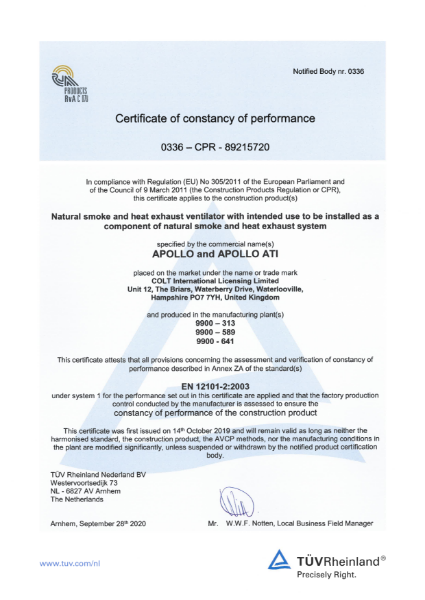 Certificate of constancy of performance - Apollo and Apollo ATI