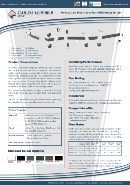 Seamless OGEE Guttering System Data Sheet