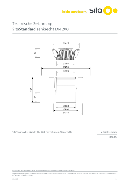 DN200 SitaStandard Vertical Roof Outlet - Technical Drawing