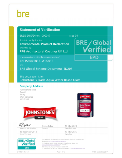 Environmental Product Declaration (EPD) : BREG EN EPD No.: 000017 Johnstone's Trade Aqua Water Based Gloss