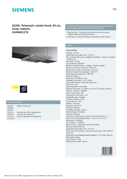 iQ300, Telescopic cooker hood, 60 cm, Silver metallic LI64MA531B