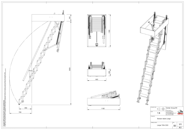 Gorter Scissor stairs - Large 700 x 1200 mm – Ceiling height up to 3000 mm - Technical 2D Drawing