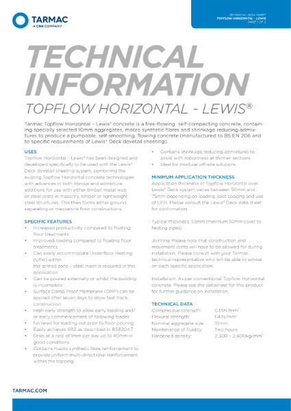 Topflow horizontal self compacting concrete for lewis deck applications