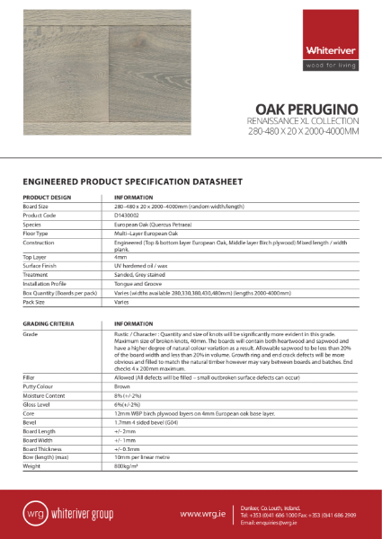 280-480 x 20 x 2000-4000mm Renaissance Oak Perugino XL Plank Spec Sheet