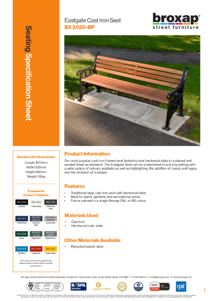Eastgate Seat Specification Sheet