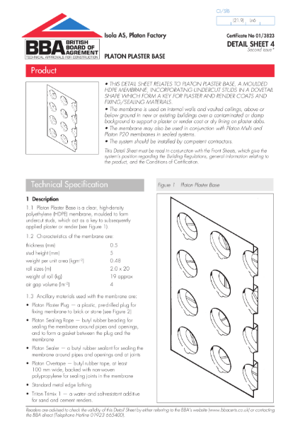 BBA Certificate 01/3823_5 Platon Plaster Base