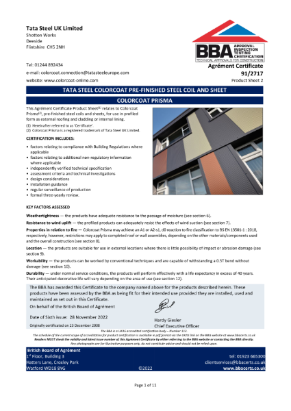 BBA Certificate Colorcoat Prisma®