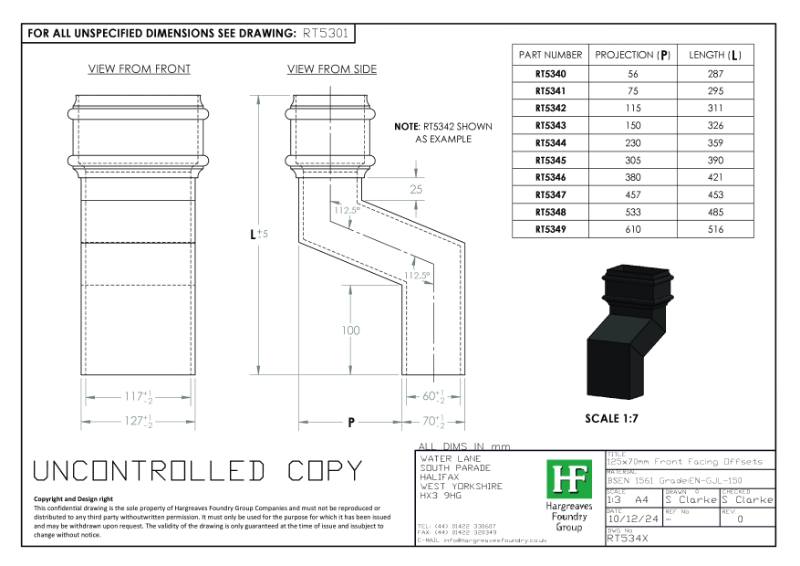 125x70mm Front Facing Rainwater Offsets Drawing