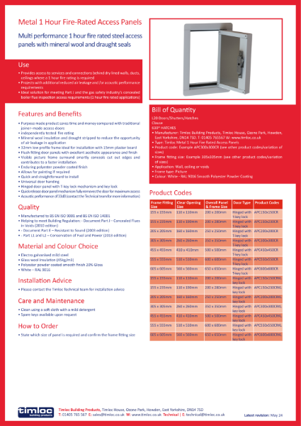 Timloc Building Products Metal Fire Rated Access Panels Datasheet