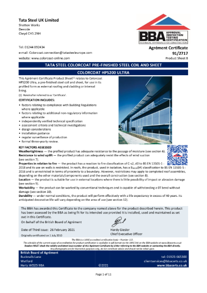 BBA Certificate Colorcoat HPS200 Ultra®