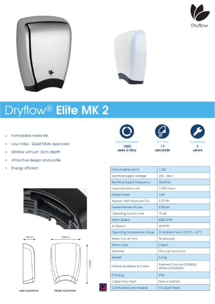 Hand Dryer Spec Sheet - Dryflow Elite MKII Hand Dryer