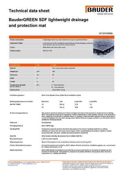 BauderGREEN SDF lightweight drainage and protection mat - Technical Data Sheet