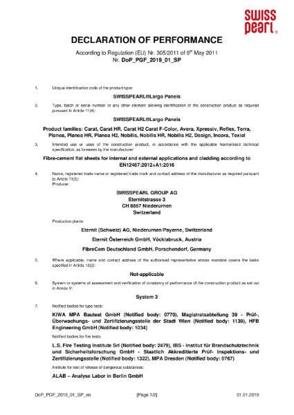 Declaration of Performance - Swisspearl Largo