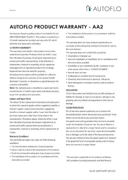 Autoflo product warranty - AA2
