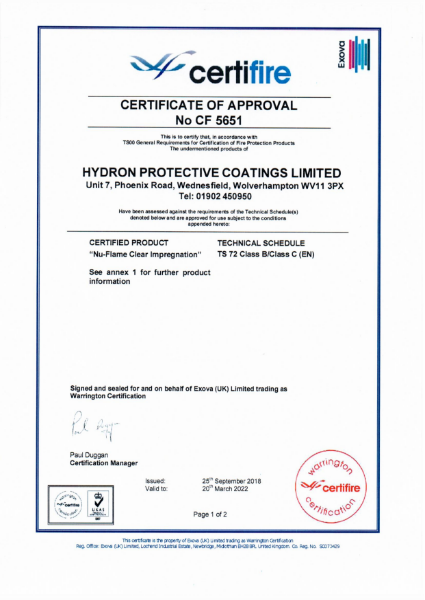 Nu-Flame Clear Impregnation Certifire Certificate