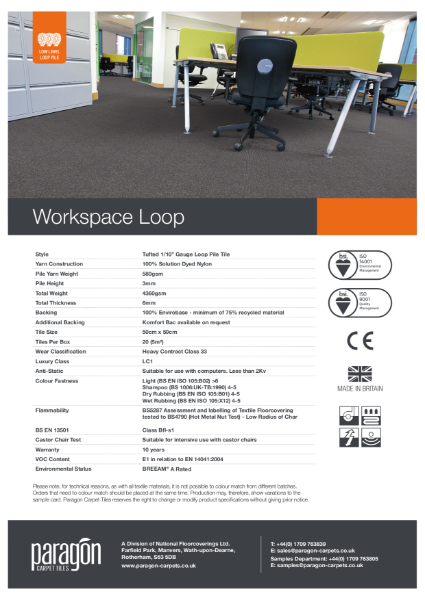 Paragon Carpet Tiles - Workspace Loop - Specification Information