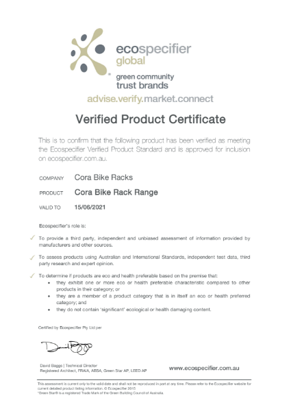 Ecospecifier Verified Product Certificate - Cora Bike Rack Range
