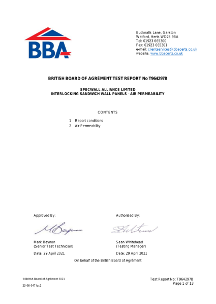 Specwall - BBA - Air Permeability Test - BS EN 1026:2016 - 75mm & 100mm