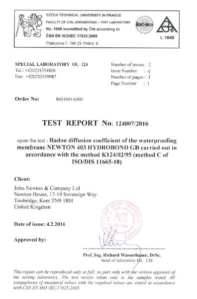 Newton HydroBond 403 GB – Radon Certificate